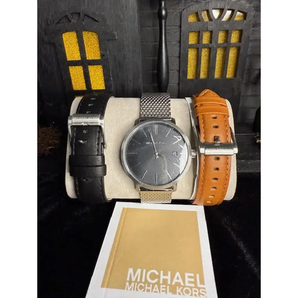 Michael Kors Men’s Watch Gift Set Silver Mesh w Black & Brown Leather Straps NWT